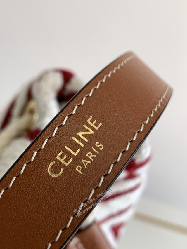 Celine專櫃2022新款夏日紅白字母織物抽繩小水桶 賽琳通體印花織物牛皮革抽繩包  sldj2308